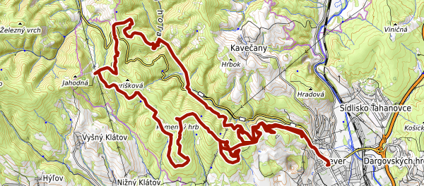 Mapa trasy KE.CY - DržHubu - Kameňák - Bedľa na Hupíky - Jahoda - Veverička - Rypák - Zlatoklopka