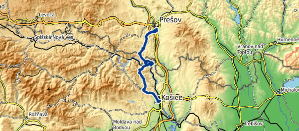 Mapa trasy Prešov, Malkovská hôrka, Radatice, Kysak, Jánošíková bašta, Vysoký vrch, Hrešná, Alpinka